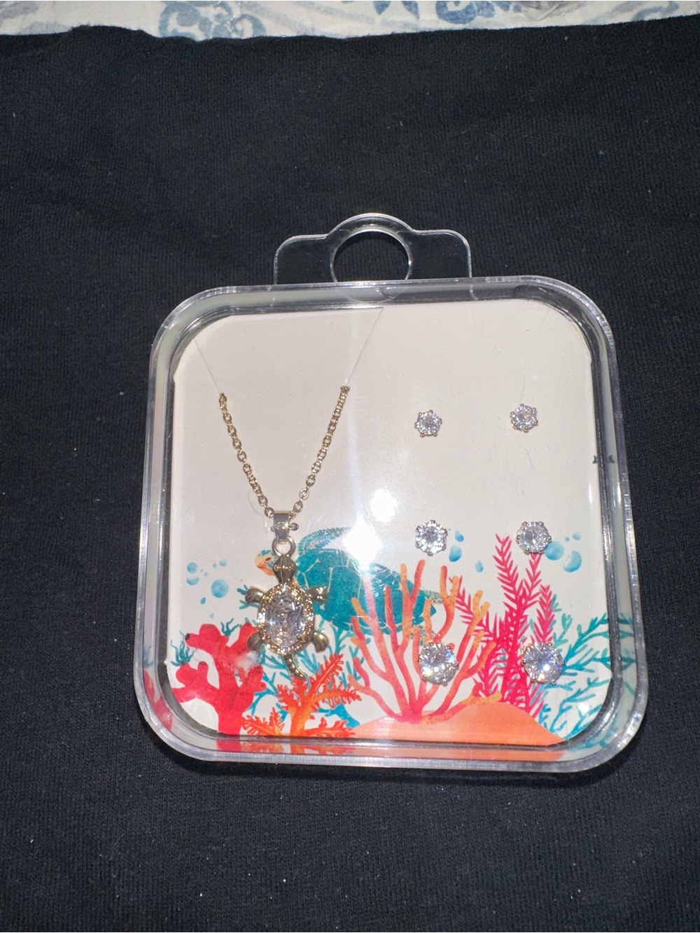 Gold Turtle Pendant Necklace with Crystal Stud Earring Set - Gold